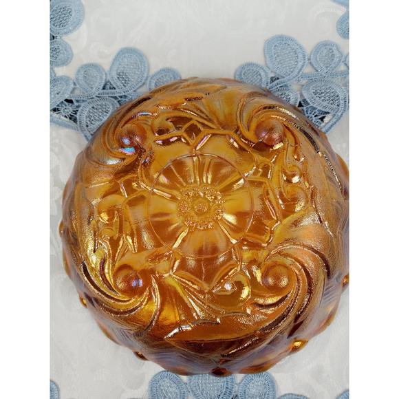 Indiana Glass Flower & Leaf Marigold Carnival Scalloped Footed Serving Bowl 9" - Picture 9 of 12